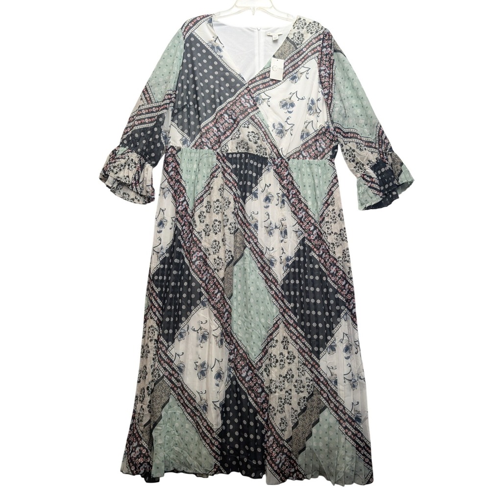 NWT Catherines Est 1946 Maxi Dress 18/20W Green Patchwork Floral Bell Sleeve
